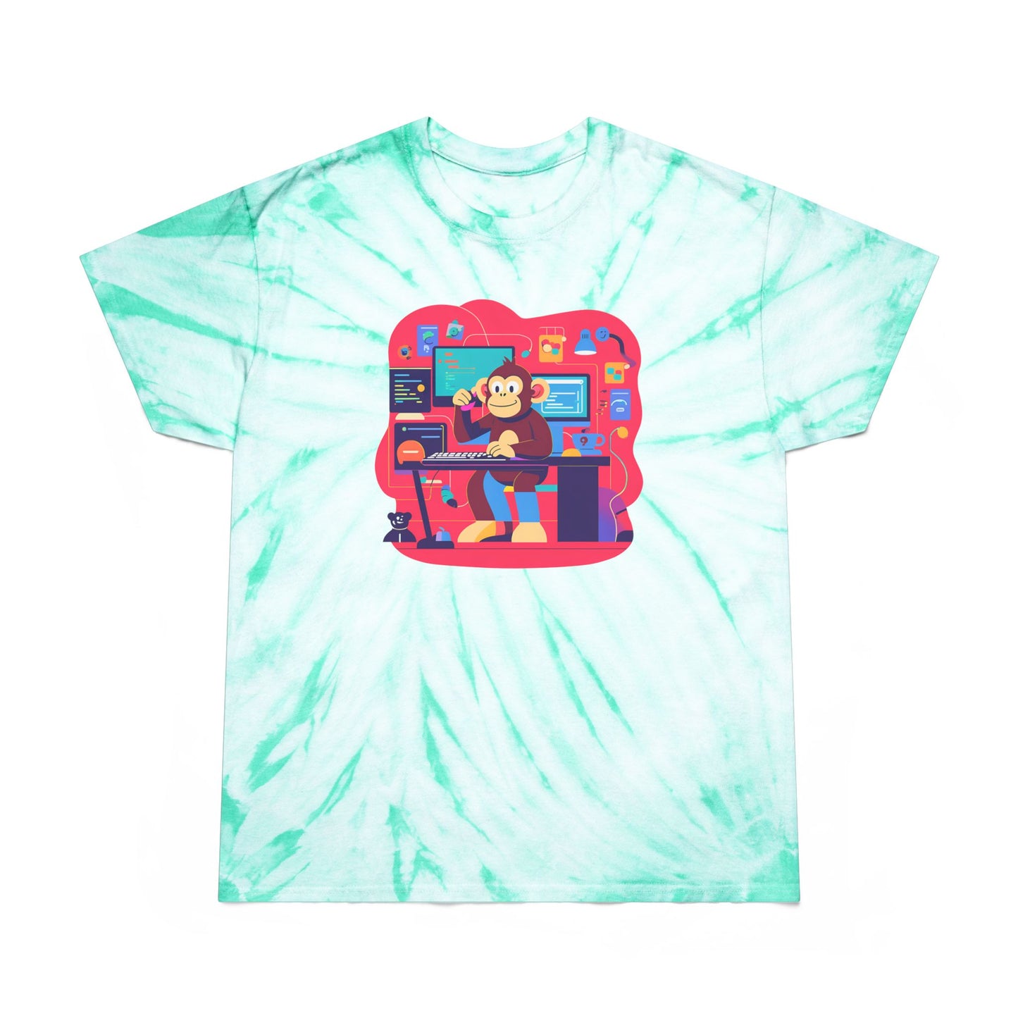 Cheerful Tie-Dye Tee, Cyclone Monkey Graphic, Casual Summer Shirt, Fun Gift for Gamers, Bright Festival Wear, Artistic Streetwear