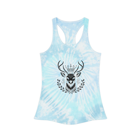 Boho Tie Dye Racerback Tank Top with Crowned Deer Design - Oh Deer Lord