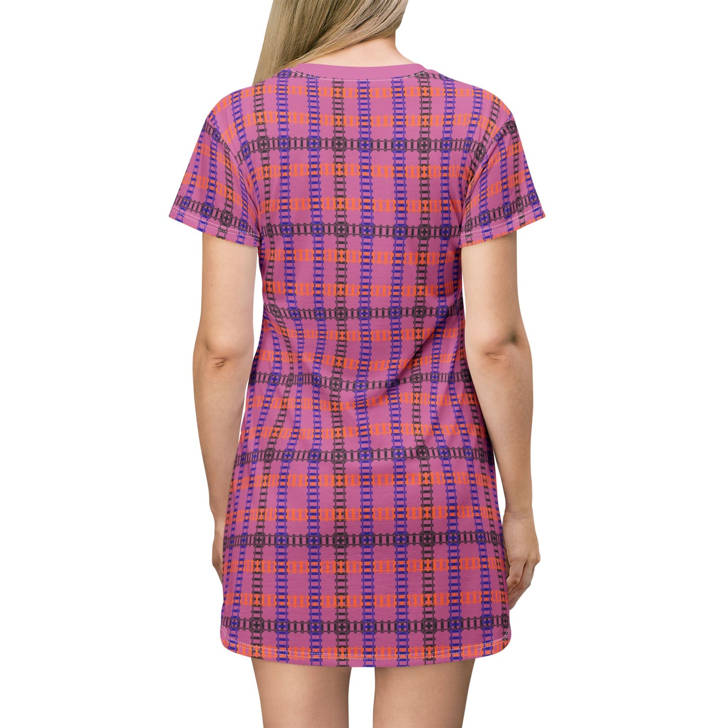 Vibrant Checkered TShirt Dress Casual Summer Dress Boho Fashion Everyday Wear Relaxed Fit Dress Colorful Outfit Train Tracks Light Pink