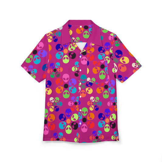 Vibrant Alien Print Hawaiian Shirt Unisex Summer ButtonUp Beachwear Vacation Outfit Festival Apparel Colorful Party Shirt Alien Rainbow Flowers Pink