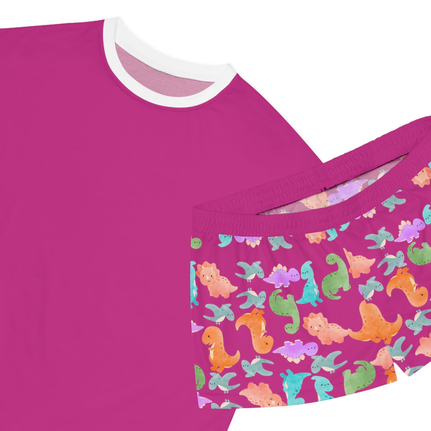 Womens Dinosaur Print Pajama Set Cozy Sleepwear Perfect for Relaxation Gift for Her Cute Loungewear Summer Nights Dinosaur Lovers Rainbow Dinos Pink