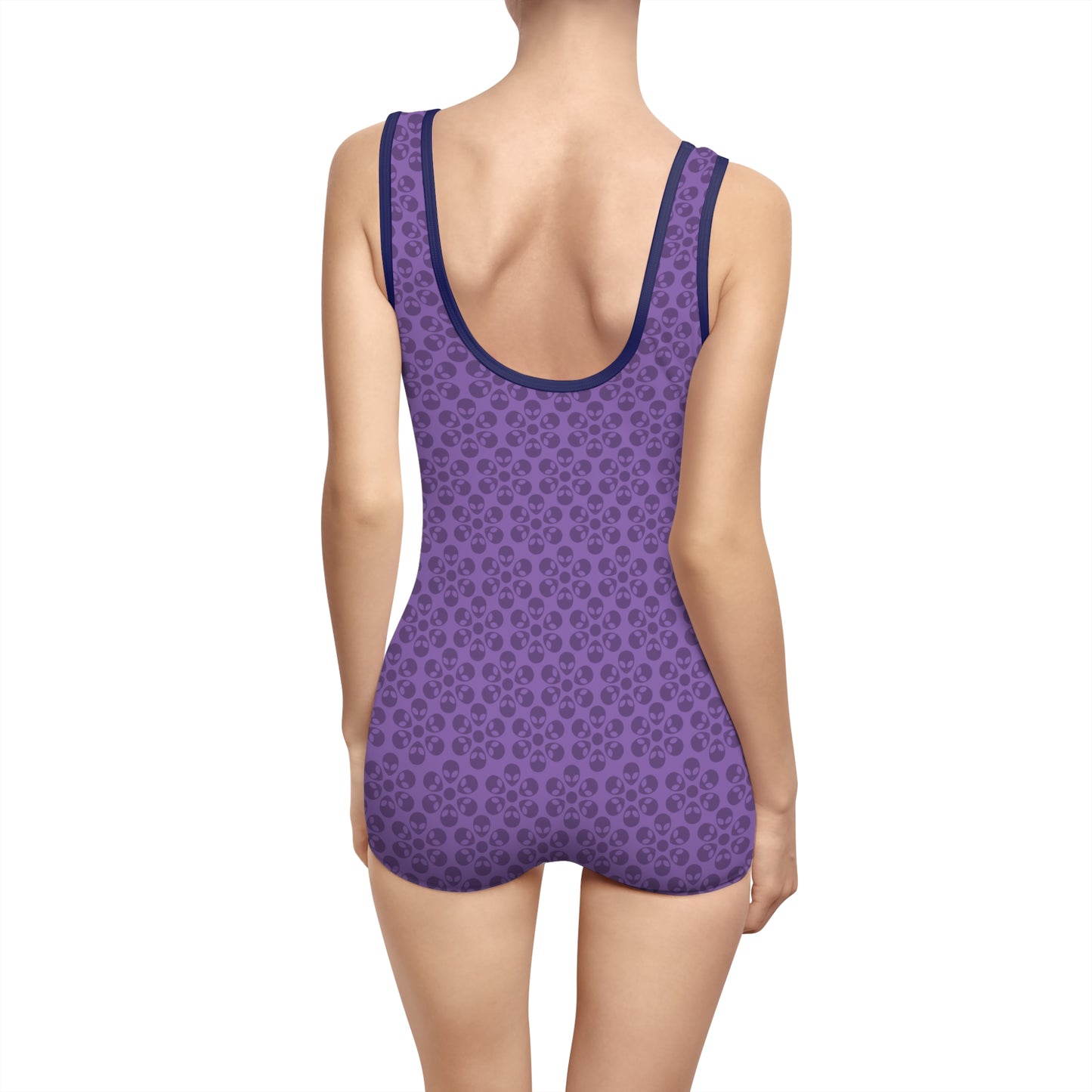 Womens Vintage Swimsuit  Alien Flowers Light Purple