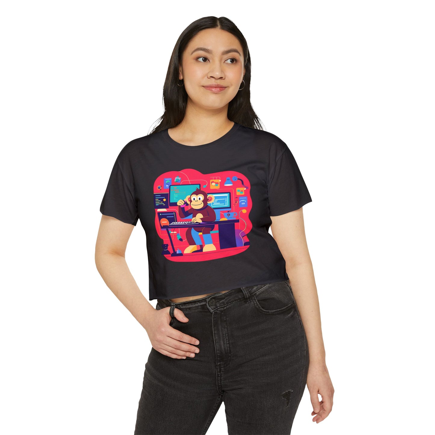 Colorful DJ Monkey Festival Crop Top, Music Festival Shirt, Summer Party Top, Gift for Festival Lovers, Playful Unique T-Shirt