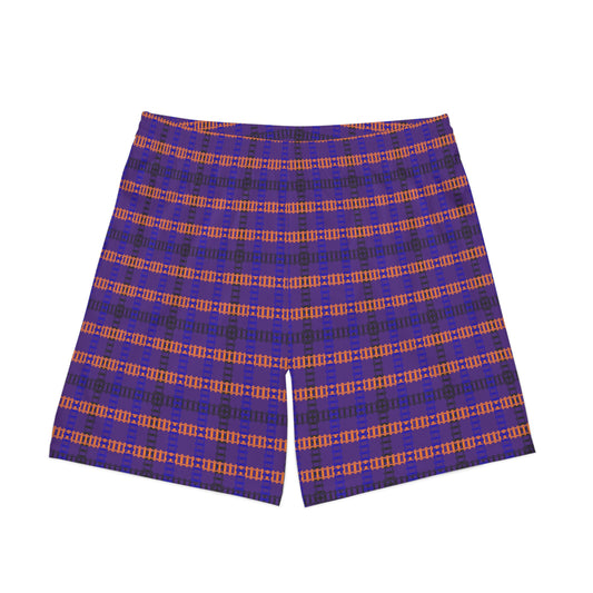 Mens Elastic Beach Shorts  Vibrant Plaid Print Casual Swimwear Summer Essentials Vacation Attire Poolside Fashion Beach Day  Train Tracks Purple