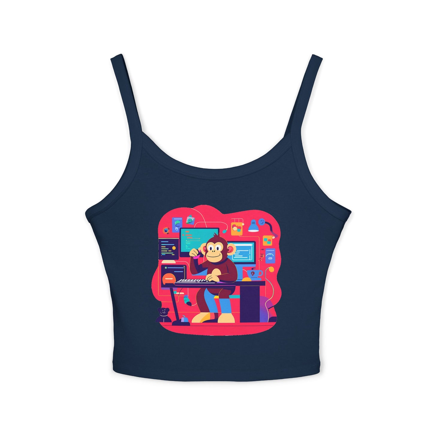 Playful Monkey Graphic Spaghetti Strap Tank Top - Fun Casual Wear, Summer Beach, Gift for Animal Lovers, Cute Pajama Top, Creative [...]