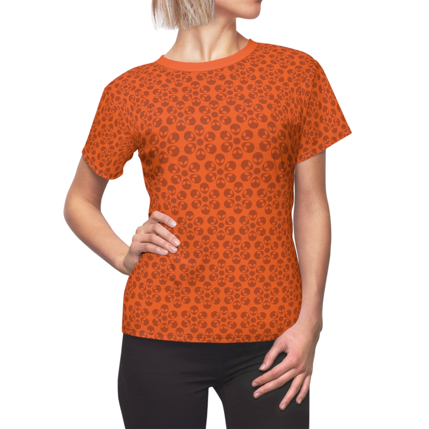Stylish Womens Floral Tee  Casual Trendy Summer Fashion Gift for Her Short Sleeve Top Alien Flowers Orange