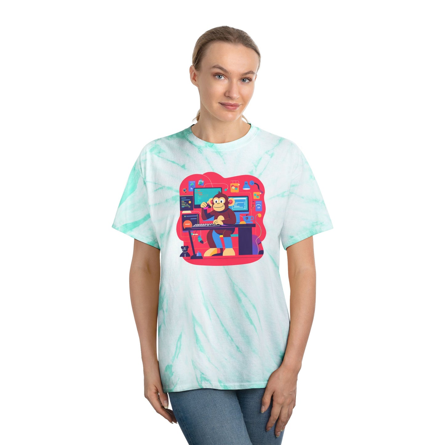 Cheerful Tie-Dye Tee, Cyclone Monkey Graphic, Casual Summer Shirt, Fun Gift for Gamers, Bright Festival Wear, Artistic Streetwear