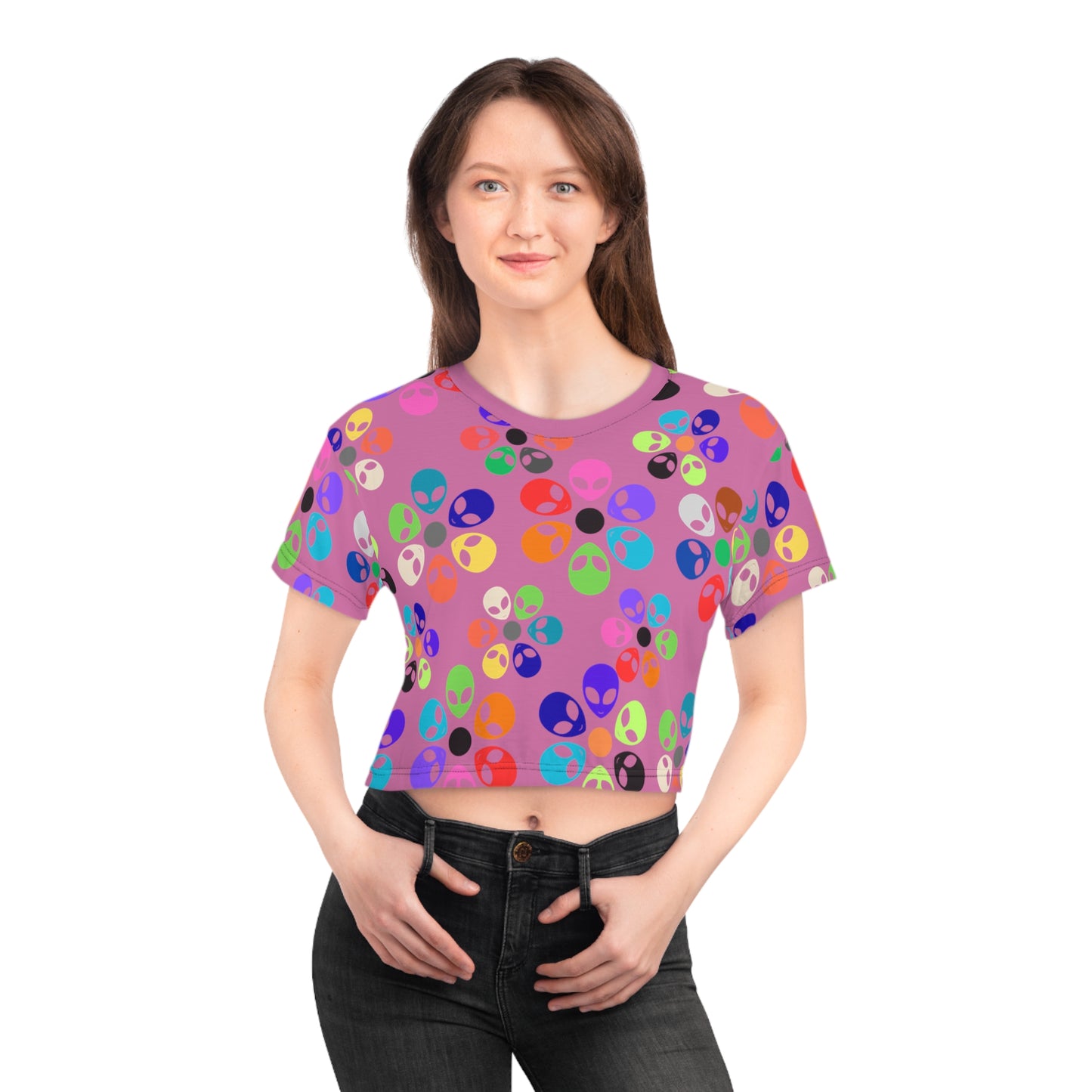 Colorful Alien Print Crop Tee Fun Crop Top Gift for UFO Lovers Casual Summer Tee Trendy Graphic Shirt Unique Festival Wear Alien Rainbow Flowers Light Pink