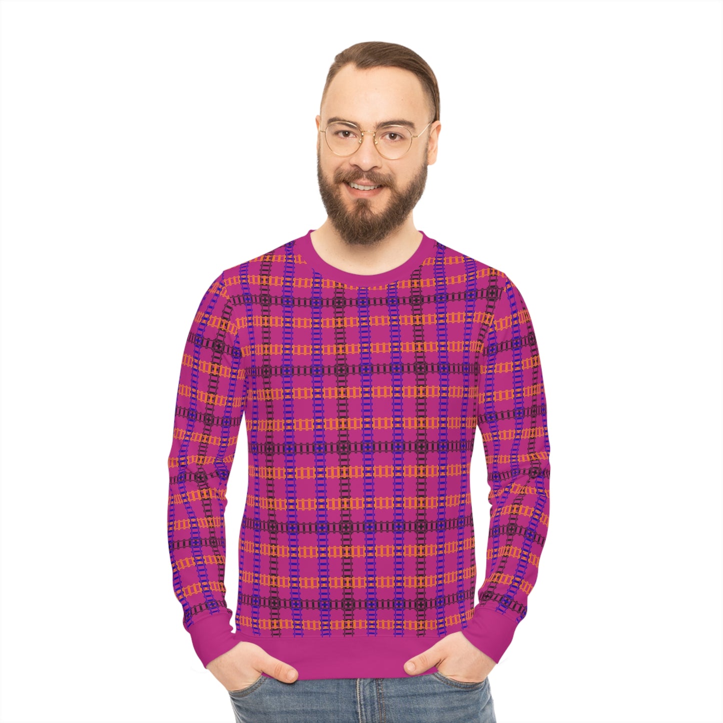 Vibrant Plaid Lightweight Sweatshirt Cozy Fall Attire Casual Wear Perfect for Autumn Gatherings Stylish Layering Option Train Tracks Pink