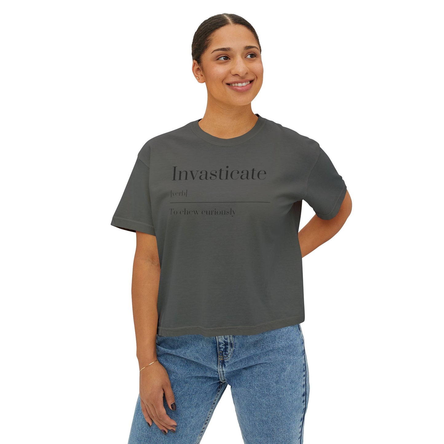 Curious Adventure Women's Boxy Tee, Casual Summer Top, Gift for Foodies, Vintage Inspired Shirt, Chew Curiously Tee