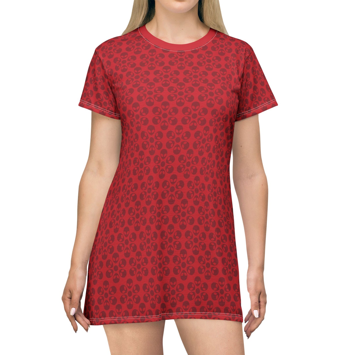 Floral Pattern TShirt Dress Casual Summer Dress Cute Dress for Women Floral Print Dress Trendy Everyday Wear Perfect for Beach Alien Flowers Dark Red