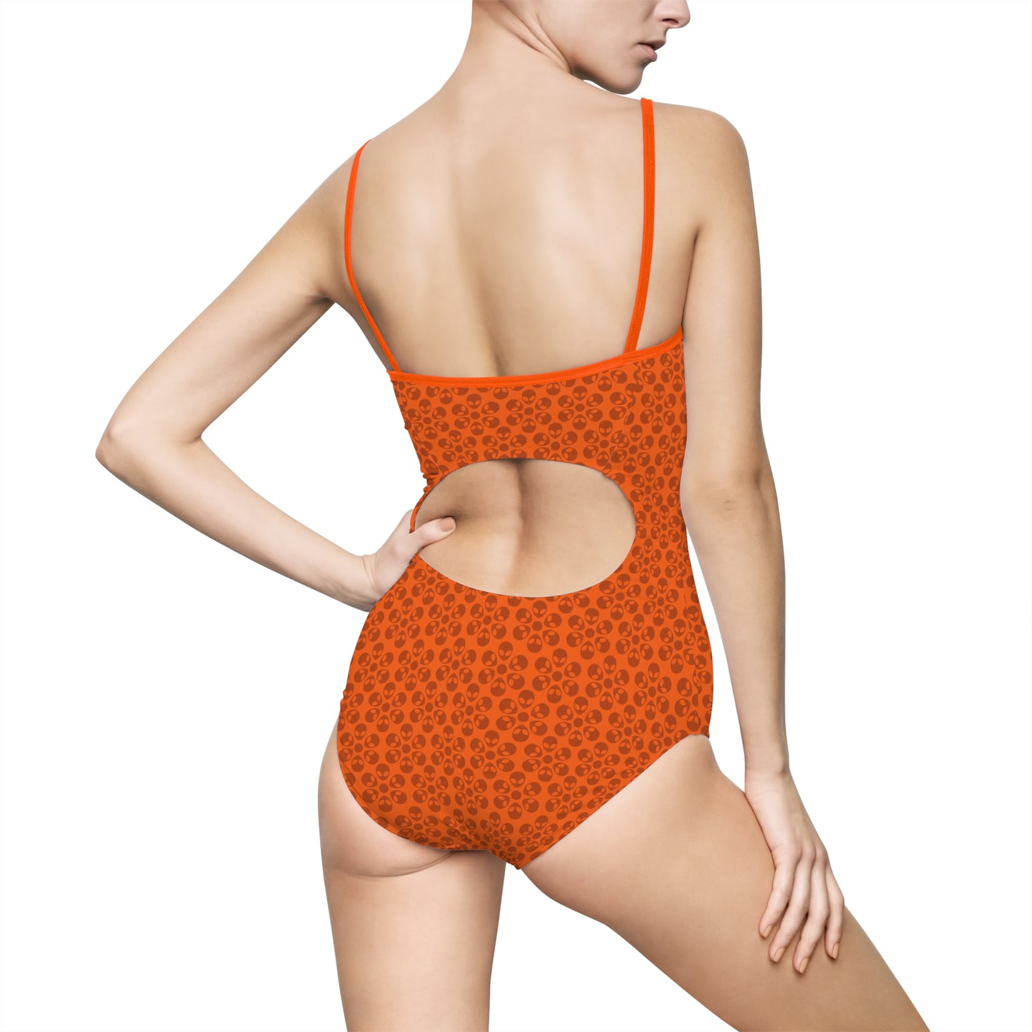 Womens Onepiece Swimsuit  Alien Flowers Orange