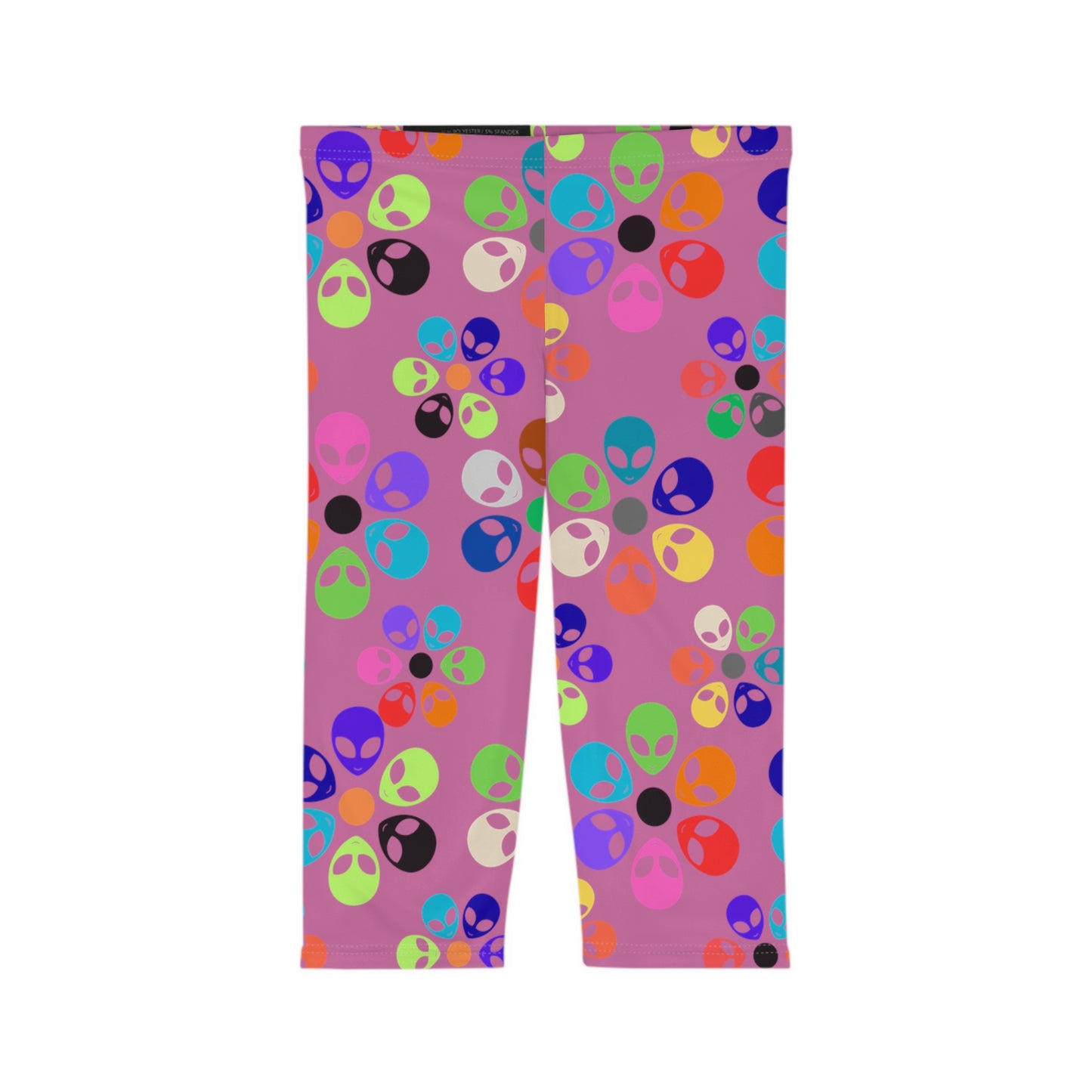Vibrant Alien Print Capri Leggings for Women Fun Workout Pants Festival Wear Casual Summer Stylish Leggings Unique Gift Idea Alien Rainbow Flowers Light Pink