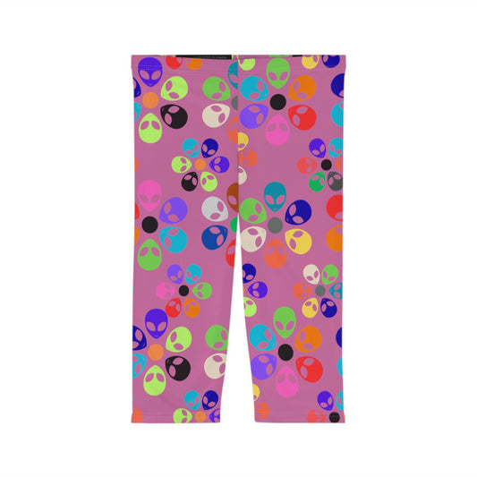 Vibrant Alien Print Capri Leggings for Women Fun Workout Pants Festival Wear Casual Summer Stylish Leggings Unique Gift Idea Alien Rainbow Flowers Light Pink