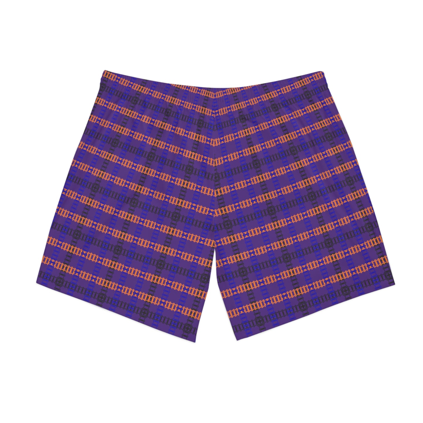 Mens Elastic Beach Shorts  Vibrant Plaid Print Casual Swimwear Summer Essentials Vacation Attire Poolside Fashion Beach Day  Train Tracks Purple