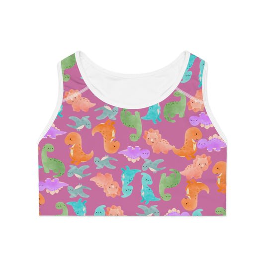 Colorful Dinosaur Print Sports Bra Cute Activewear Gym Top Fitness Wear Gifts for Her Workout Clothing Rainbow Dinos Light Pink