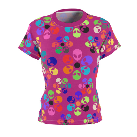 Colorful Alien Print Tee Fun Casual Shirt Unique Gift for SciFi Fans Festival Wear Statement Tee Summer Top Alien Rainbow Flowers Pink