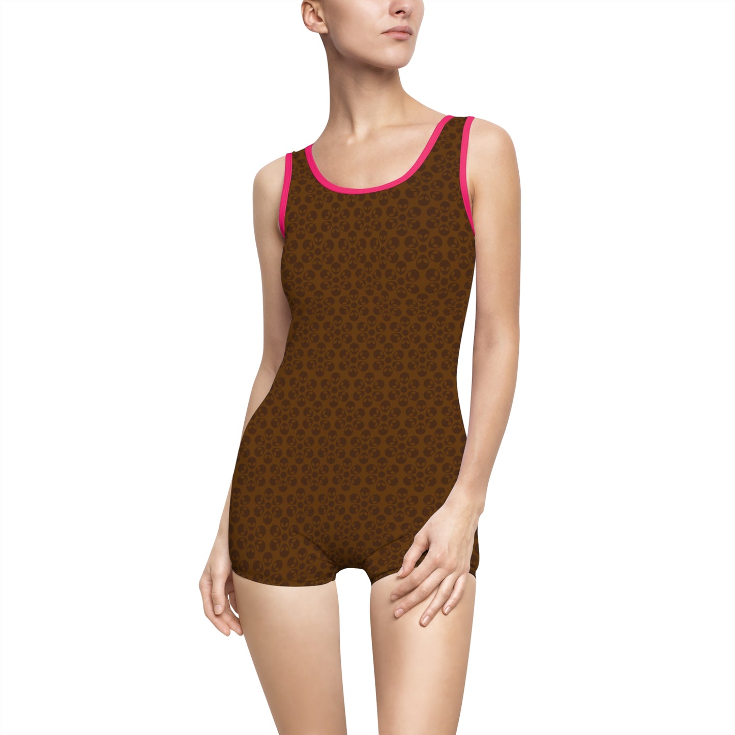 Womens Vintage Swimsuit  Alien Flowers Brown