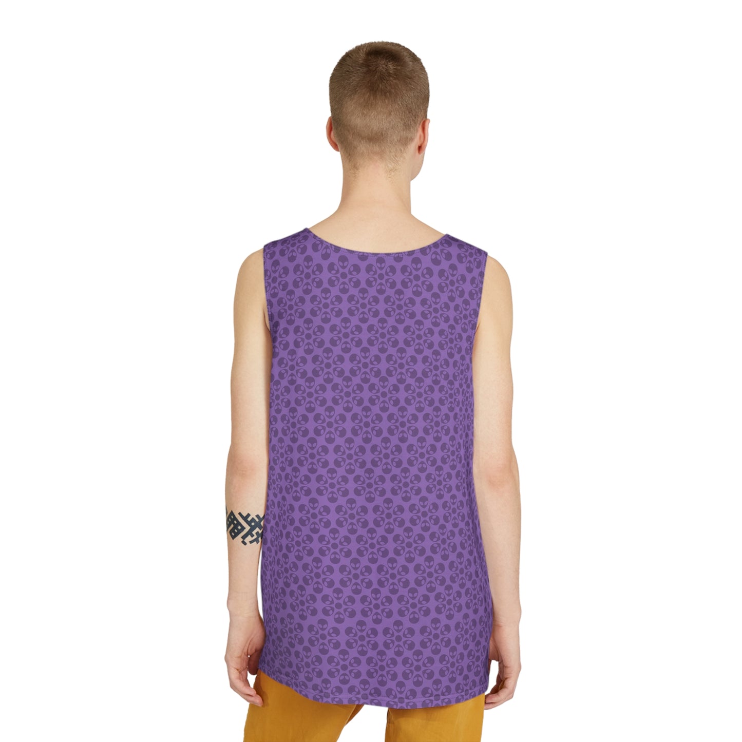 Stylish Mens Tank Top  AOP Leopard Print Summer Wear Fitness Gear Casual Apparel Trendy Vacation Outfit Alien Flowers Light Purple