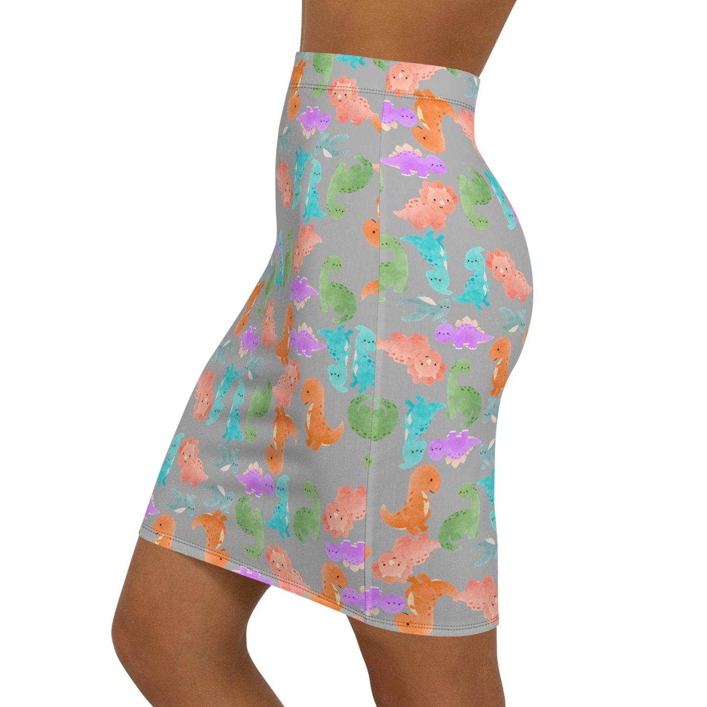 Dinosaur Print MidWaist Pencil Skirt for Fun and Playful Style Womens Skirt Cute Skirt Fashionable Skirt Casual Skirt Gift Idea Rainbow Dinos Light Grey