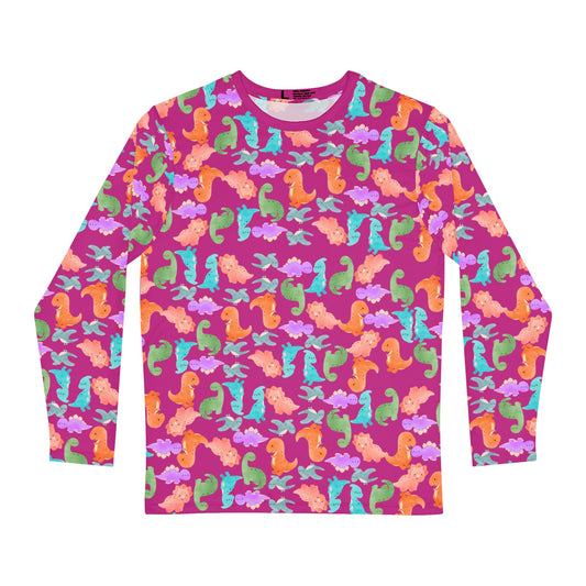 Cute Dino Print Mens Long Sleeve Shirt AOP Tee Tropical Beachwear Gift for Sea Lovers Summer Shirts for Men Rainbow Dinos Pink