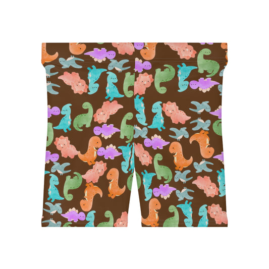 Colorful Dinosaur Womens Biker Shorts  AOP Perfect for Casual Wear workout Summer Birthdays Playdates Unique Gift Rainbow Dinos Brown