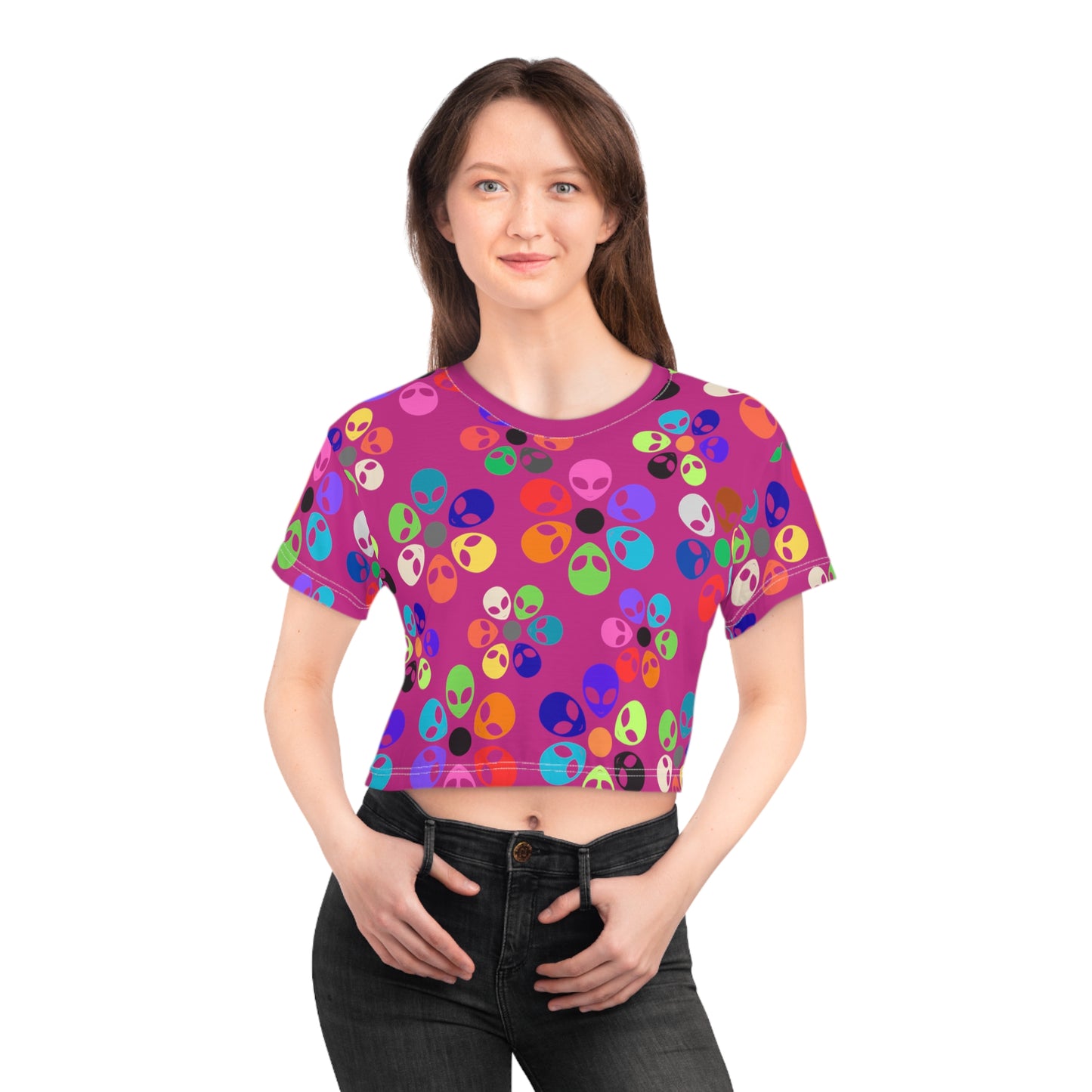 Colorful Alien Print Crop Tee Fun Crop Top Gift for UFO Lovers Casual Summer Tee Trendy Graphic Shirt Unique Festival Wear Alien Rainbow Flowers Pink