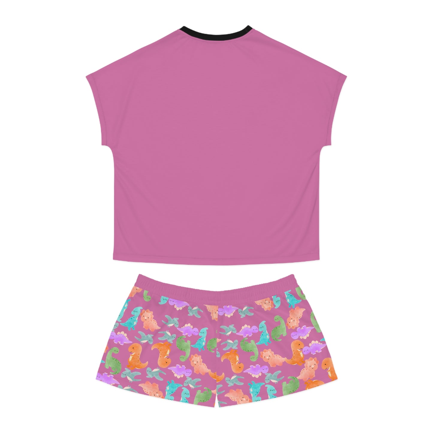 Womens Dinosaur Print Pajama Set Cozy Sleepwear Perfect for Relaxation Gift for Her Cute Loungewear Summer Nights Dinosaur Lovers Rainbow Dinos Light Pink
