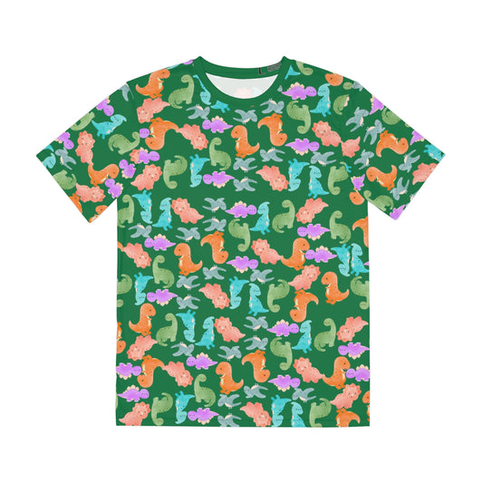 Colorful Dino Tee  Fun Playful Shirt for Ocean Lovers Casual Wear Summer Outfits Beach Activities Gifts for Him Rainbow Dinos Dark Green