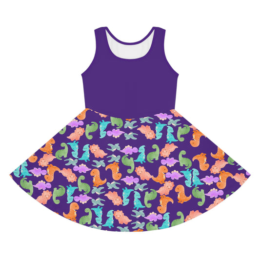 Colorful Dino Print Girls Sleeveless Sundress Summer Dress Beachwear Birthday Gift Toddler Outfit Playful Sundress Rainbow Dinos Purple