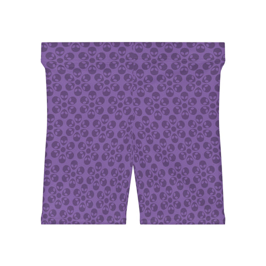 Womens Alien Pattern Biker Shorts Trendy Activewear Casual Cycling Shorts Festival Outfit Summer Essentials Alien Flowers Light Purple