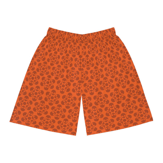 Trendy Skull Pattern Basketball Shorts Summer Activewear Sports Apparel Casual Wear Beach Shorts Gift for Basketball Lovers Alien Flowers Orange