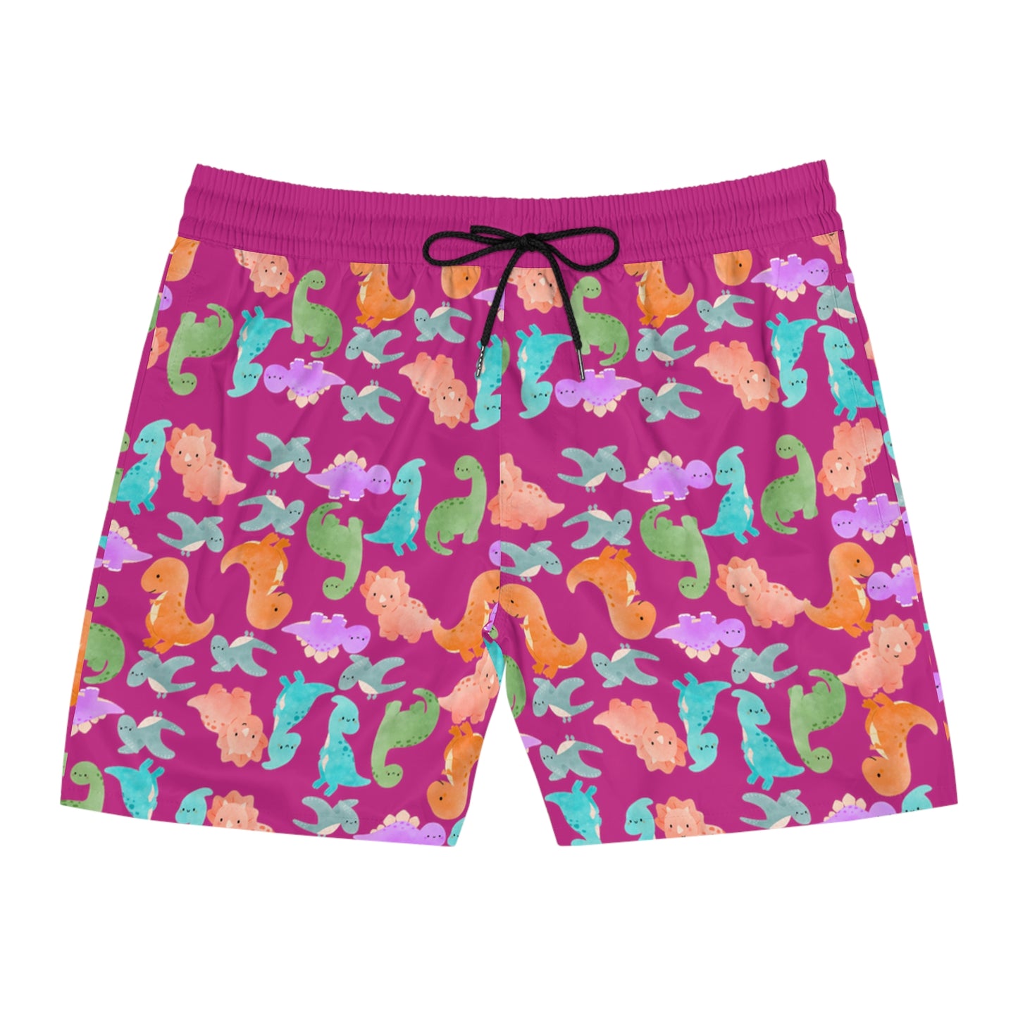Colorful Dino Swim Shorts for Men | Beachwear Summer Fun Pool Parties Vacation Essentials Nautical Style Rainbow Dinos Pink