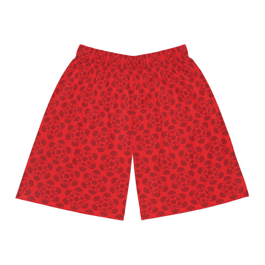 Trendy Skull Pattern Basketball Shorts Summer Activewear Sports Apparel Casual Wear Beach Shorts Gift for Basketball Lovers Alien Flowers Red