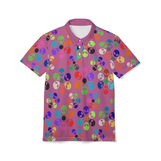 Colorful Alien Print Unisex Polo Shirt  Perfect for Festivals Holiday Parties Casual Wear Gift Ideas Unique Menswear Alien Rainbow Flowers Light Pink