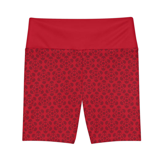 Womens Workout Shorts  Alien Flowers Dark Red