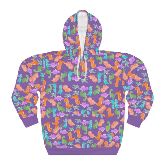 Colorful Dino Unisex Pullover Hoodie Cozy Beach Vibe Sweatshirt Gift for Ocean Lovers Fun Casual Wear Homewear Rainbow Dinos Light Purple