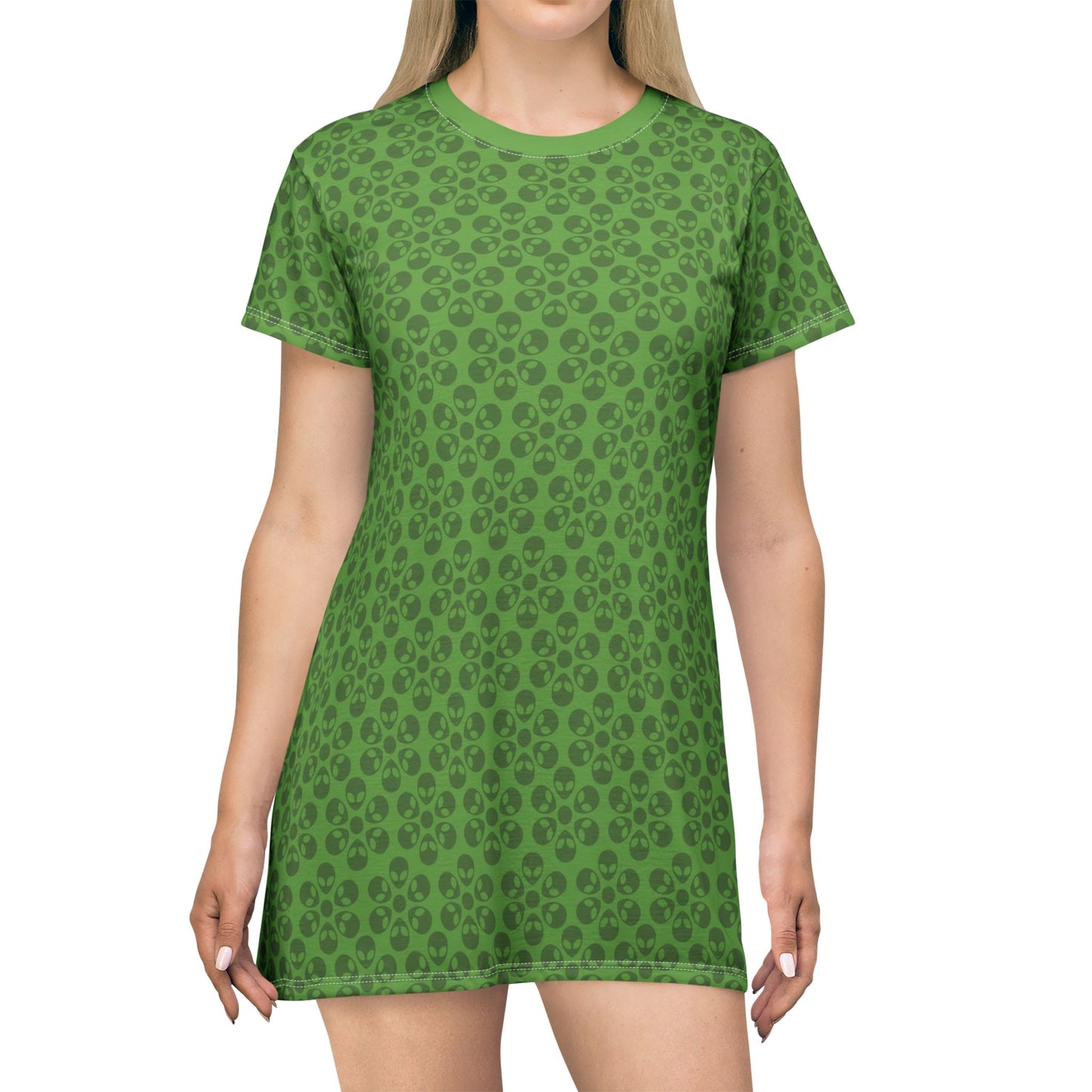 Floral Pattern TShirt Dress Casual Summer Dress Cute Dress for Women Floral Print Dress Trendy Everyday Wear Perfect for Beach Alien Flowers Green