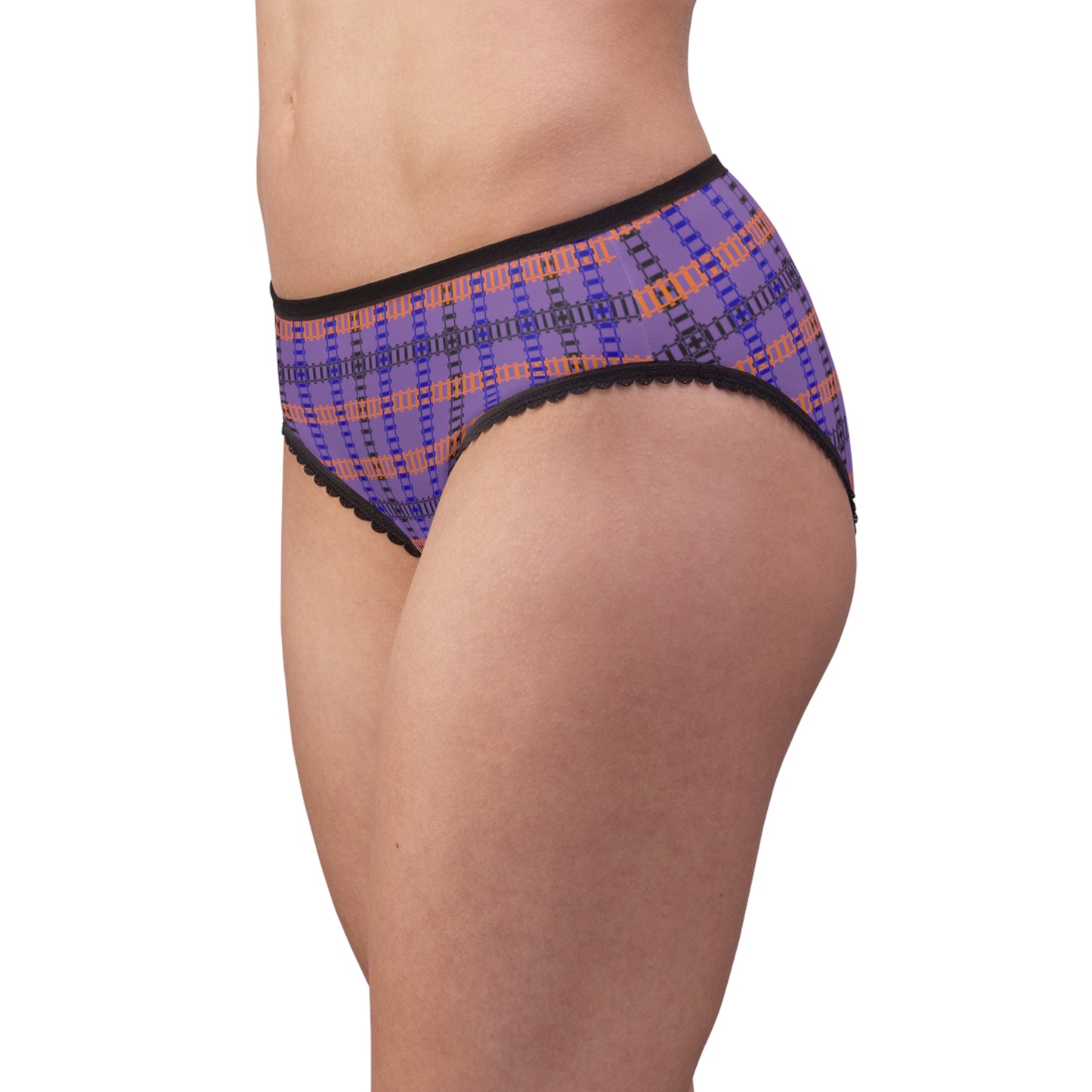 Colorful Patterned Womens Briefs with Lace Trim Comfortable Everyday Panties Unique Gifts for Her Fashionable Loungewear Fun and [...] Train Tracks Light Purple