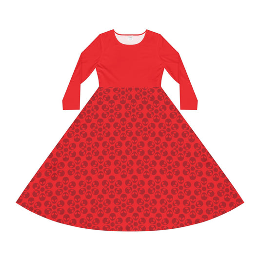 Womens Long Sleeve Dance Dress Alien Flowers Red