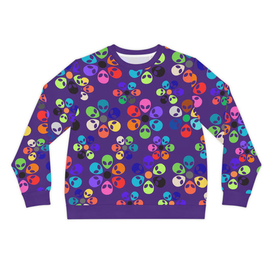 Colorful Alien Print Lightweight Sweatshirt Fun Casual Wear Unique Gift Festival Fashion Cozy Style Everyday Comfort Alien Rainbow Flowers Purple