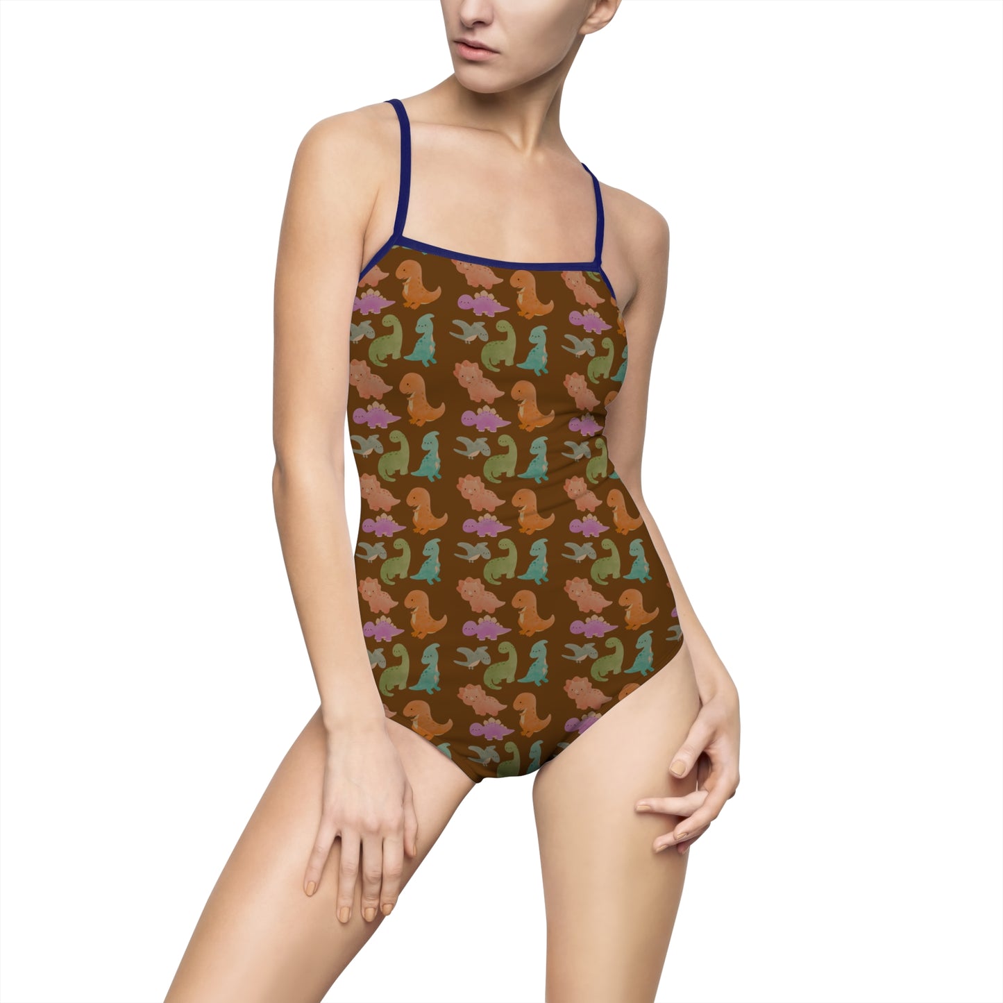 Colorful Dino Pattern One-Piece Swimsuit, Summer Swimwear, Beachwear, Aquatic Adventures, Girls' Swim Fashion - Brown