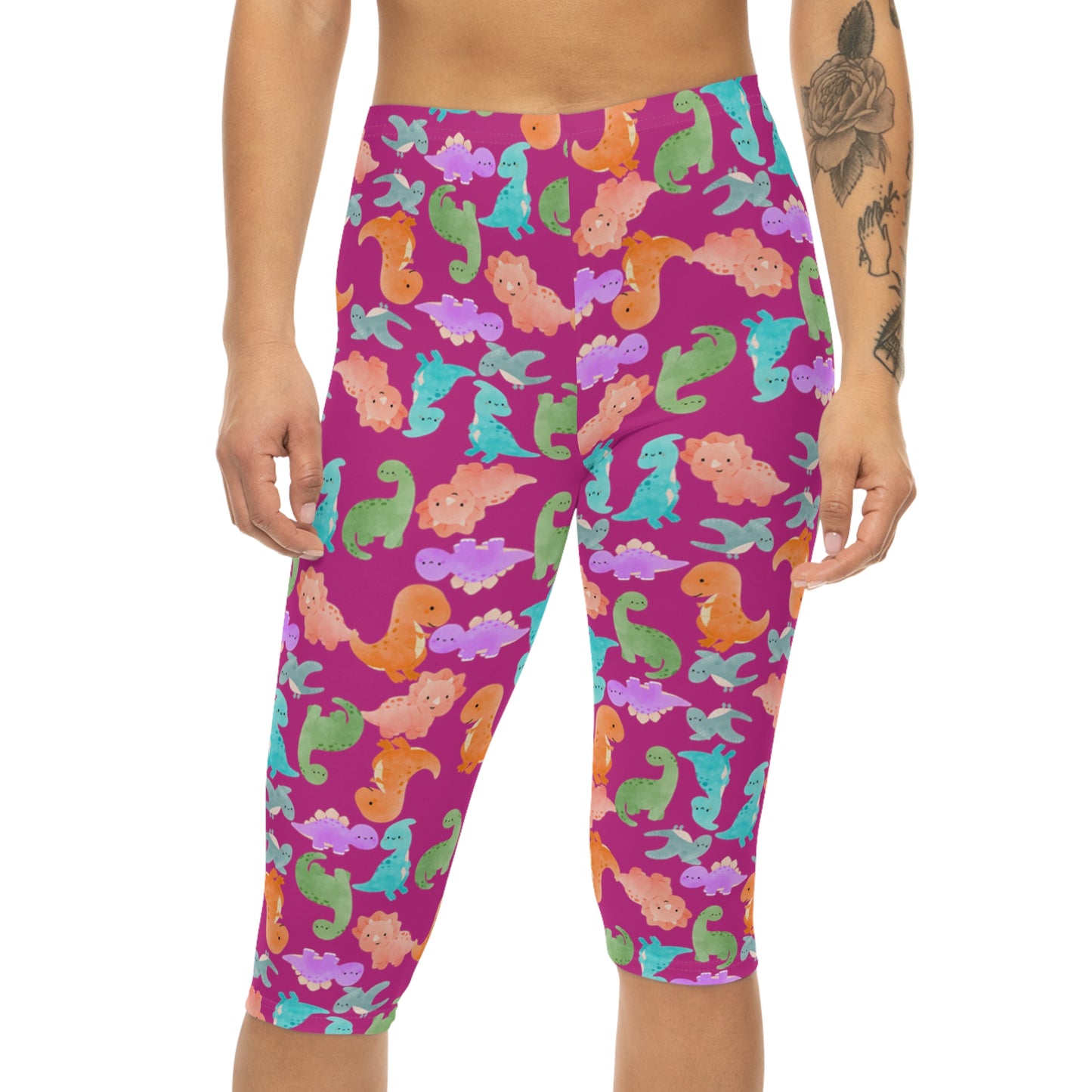 Women’s Capri Leggings  Rainbow Dinos Pink