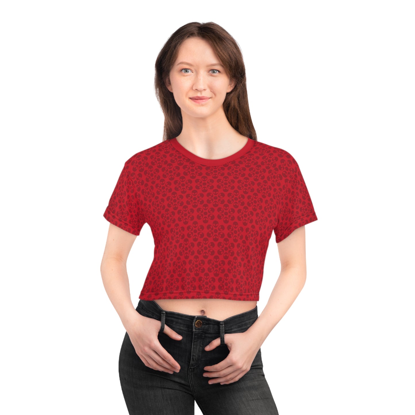 Feminine Floral Crop Tee Trendy Summer Top Aesthetic Graphic Shirt Casual Outfit Unique Gift for Her Vintage Style Tee Alien Flowers Dark Red