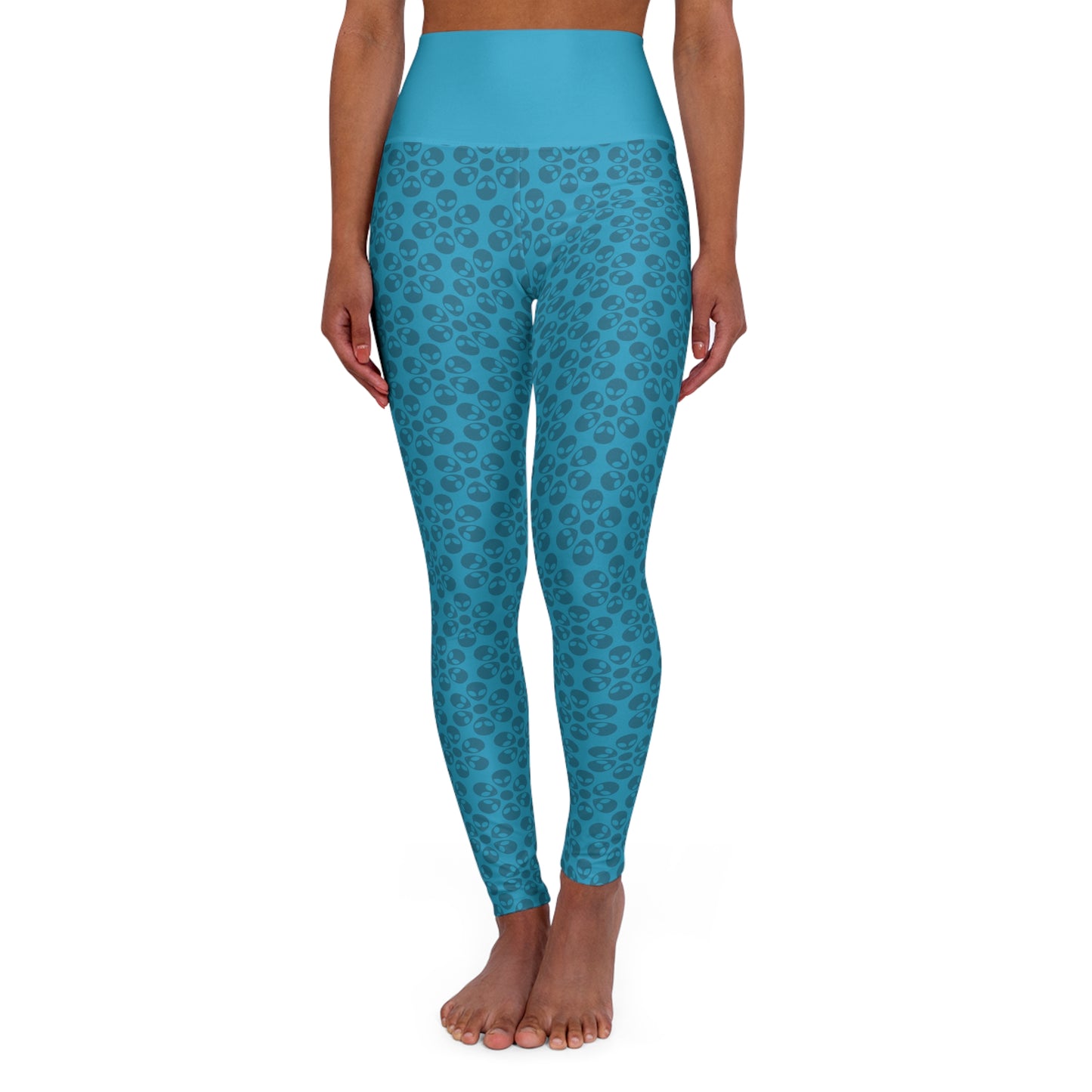 Stylish High Waisted Yoga Leggings Activewear Fitness Leggings Workout Pants Gift for Her Yoga Apparel Alien Flowers Turquoise