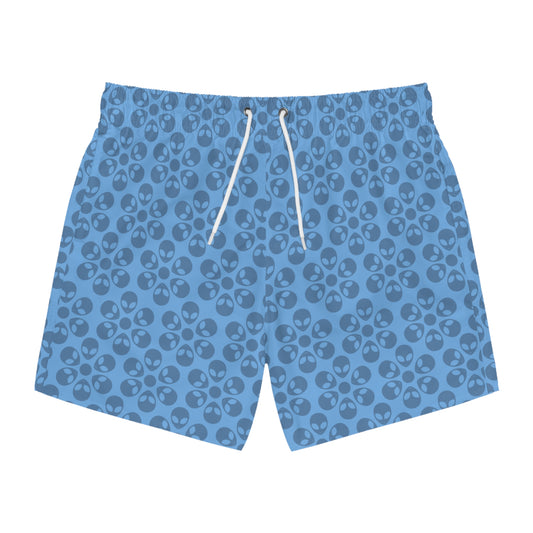 Stylish AOP Swim Trunks for Beach Days Summer Fun Pool Parties Vacation Wear Gift for Him Alien Flowers Light Blue