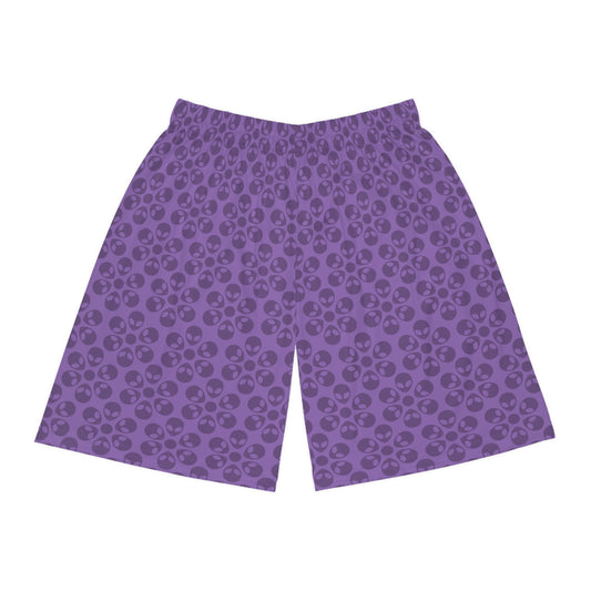 Trendy Skull Pattern Basketball Shorts Summer Activewear Sports Apparel Casual Wear Beach Shorts Gift for Basketball Lovers Alien Flowers Light Purple