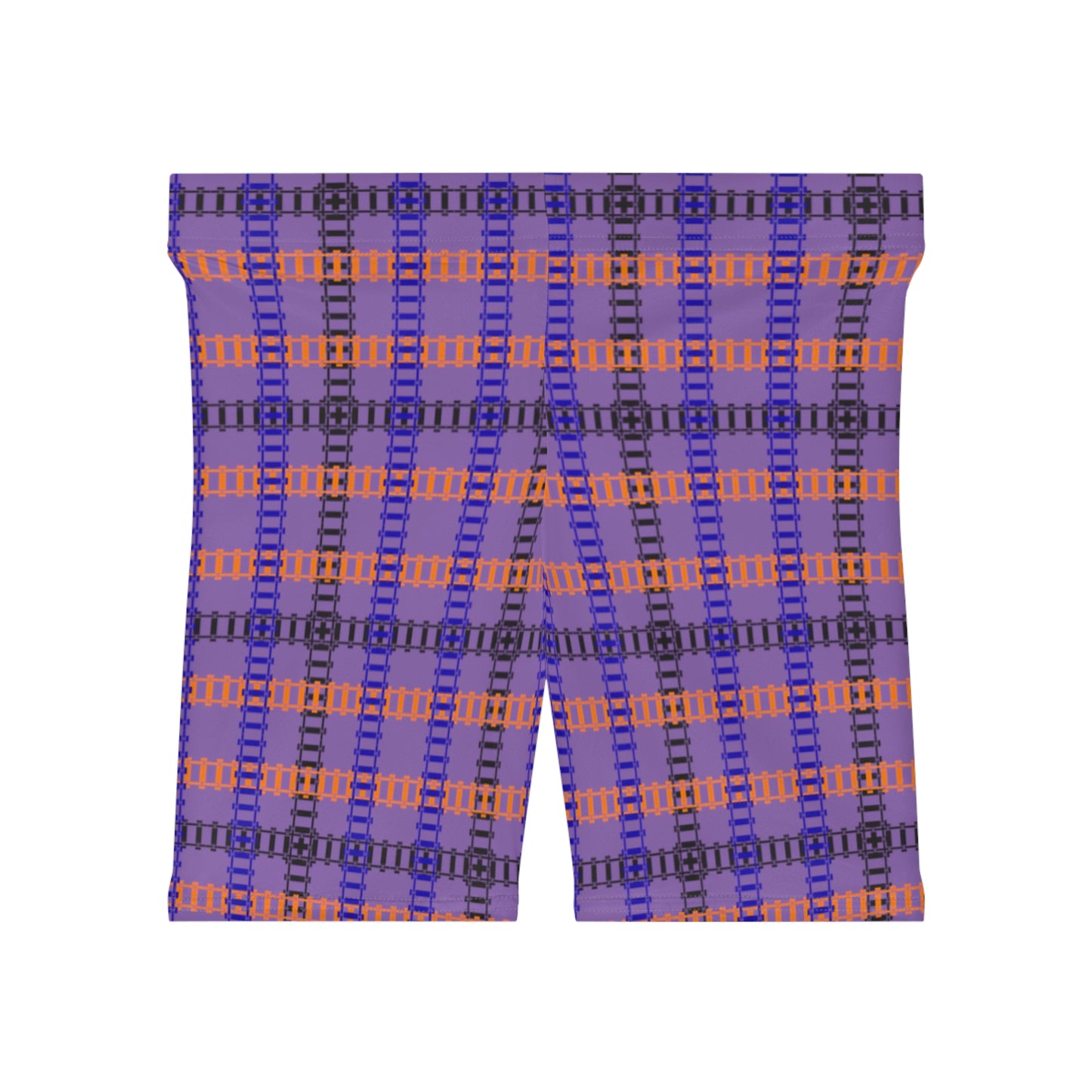 Stylish Womens Biker Shorts  Plaid Pattern Comfortable Activewear Summer Essentials Workout Gear Casual Fashion Gift Idea Train Tracks Light Purple