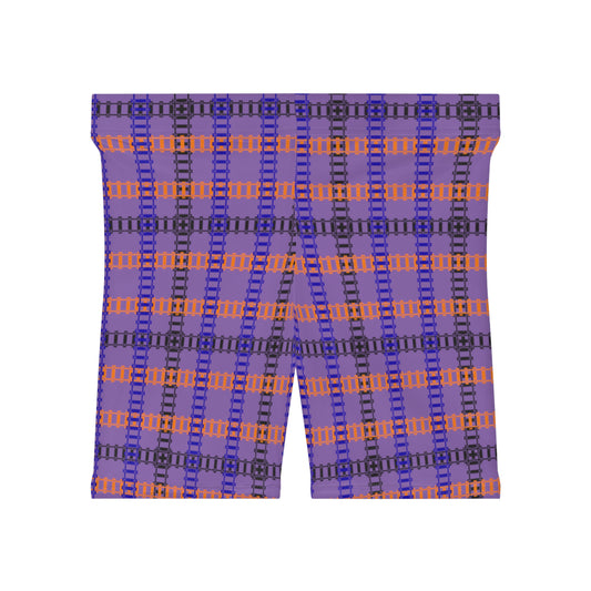 Stylish Womens Biker Shorts  Plaid Pattern Comfortable Activewear Summer Essentials Workout Gear Casual Fashion Gift Idea Train Tracks Light Purple