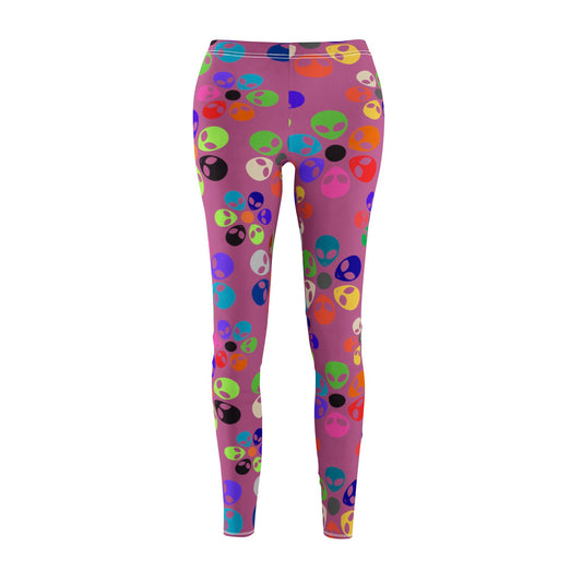 Colorful Alien Pattern Womens Casual Leggings Funky Gym Leggings Unique Yoga Pants Trendy Loungewear Gift for Alien Lovers Alien Rainbow Flowers Light Pink